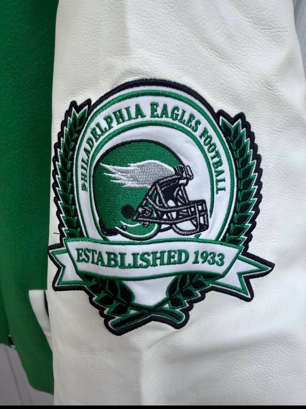 NWT NFL Philadelphia Eagles Kelly Green and Cream Varsity Jacket, Size Large - Picture 6 of 8